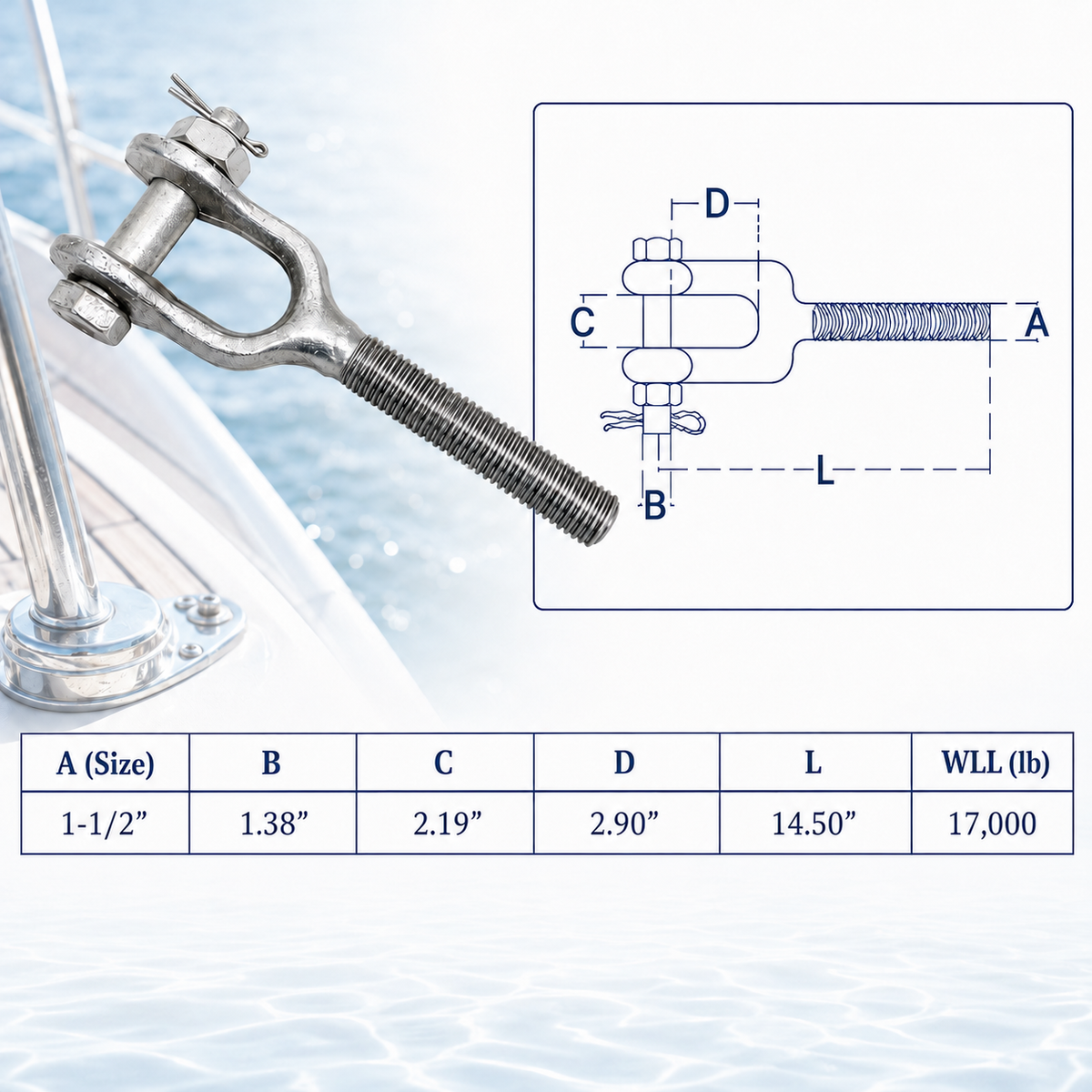 4 Pc Set T316 Stainless Steel Drop Forged Turnbuckle Jaw Right Hand Thread, Marine Rigging Jaw End Fitting for Cable Wire Rope