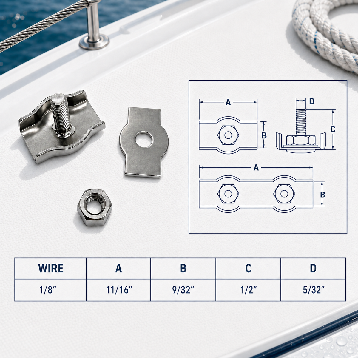 4 Pc Set T304 Stainless Steel Single Simplex Clip, Bolt Wire Rope Clip for Cable, Rigging, Marine, Outdoor, and Utility Use
