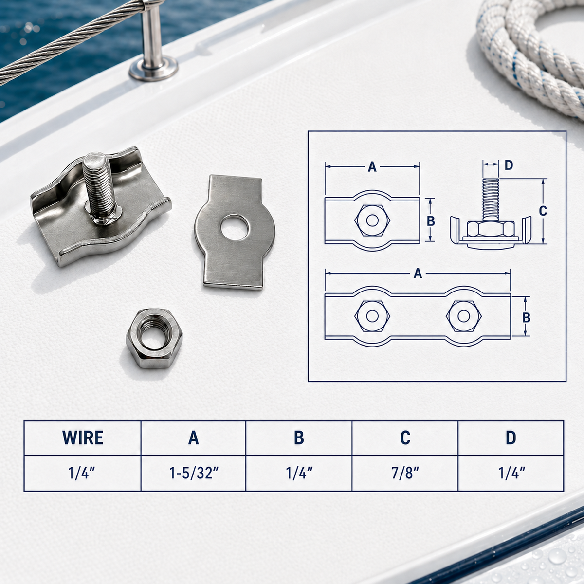 4 Pc Set T304 Stainless Steel Single Simplex Clip, Bolt Wire Rope Clip for Cable, Rigging, Marine, Outdoor, and Utility Use