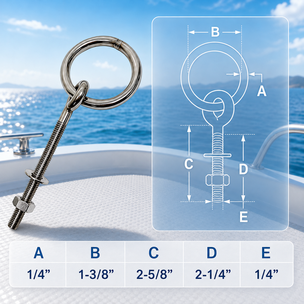 4 Pc Set Marine T304 Stainless Steel Ring Eye Bolt Shoulder Bolt, Lifting Eye Fastener for Boat, Dock, Deck, and Outdoor Hardware