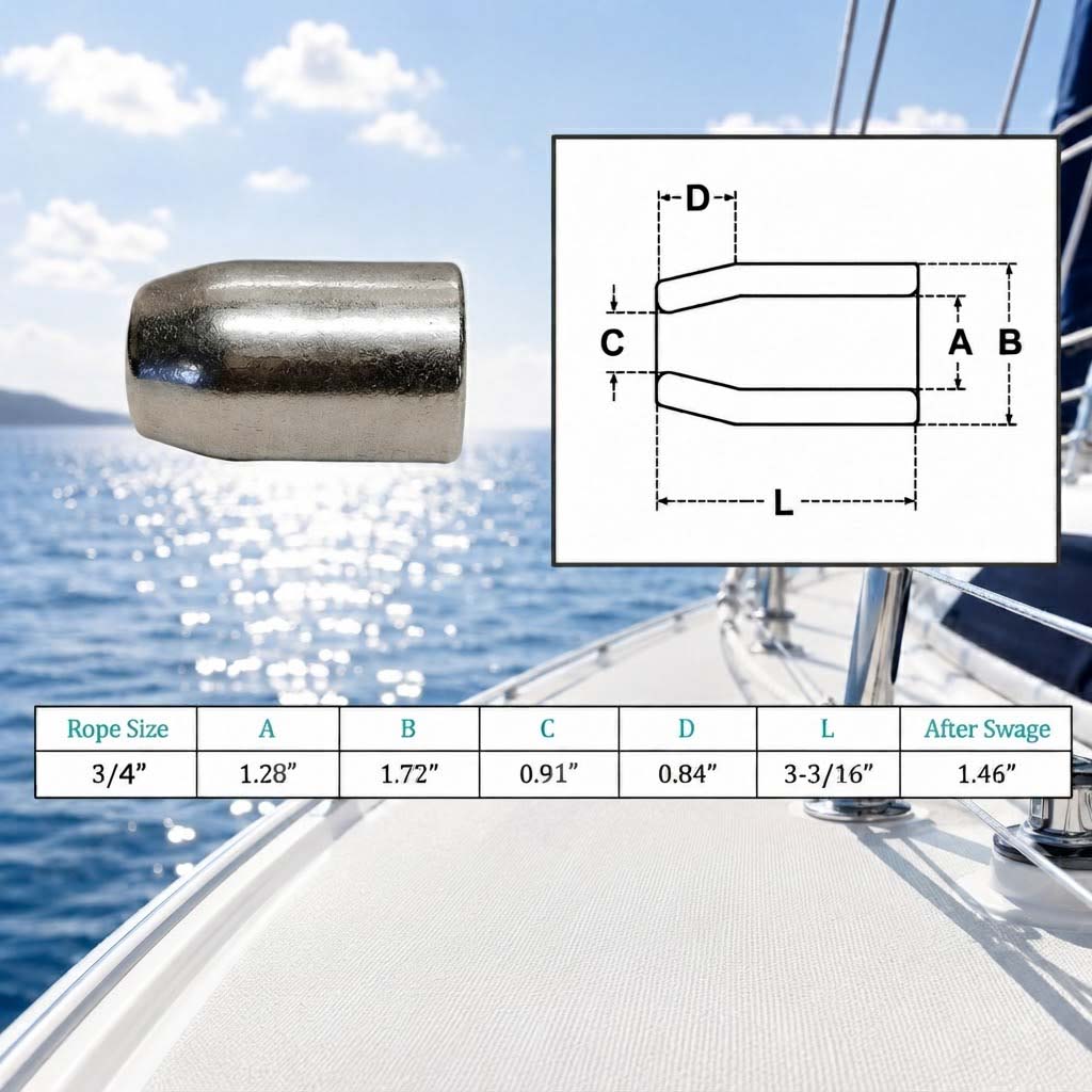 4 Pc Set Marine T316 Stainless Steel Flemish Sleeve, Wire Rope Cable Swage Sleeve for Rigging, Lifting, Dock, and Deck Use