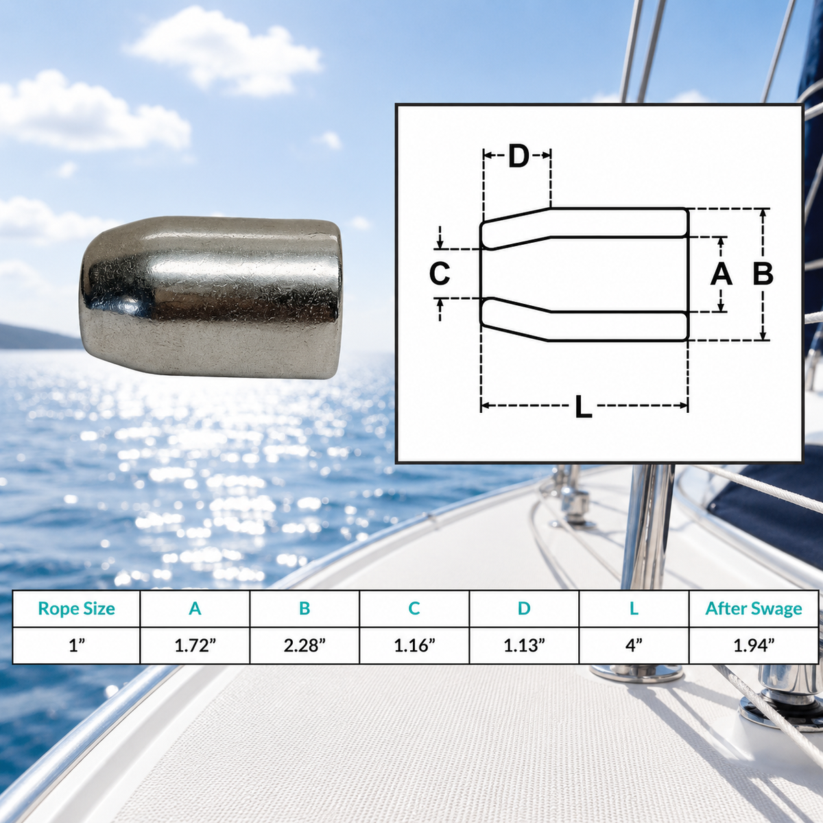 4 Pc Set Marine T316 Stainless Steel Flemish Sleeve, Wire Rope Cable Swage Sleeve for Rigging, Lifting, Dock, and Deck Use