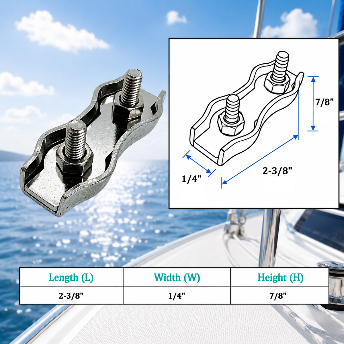 4 Pc Set T304 Stainless Steel Duplex Wire Rope Cable Clamp, Double Bolt Wire Cable Clamp for Rigging, Marine, Outdoor, and Utility Use