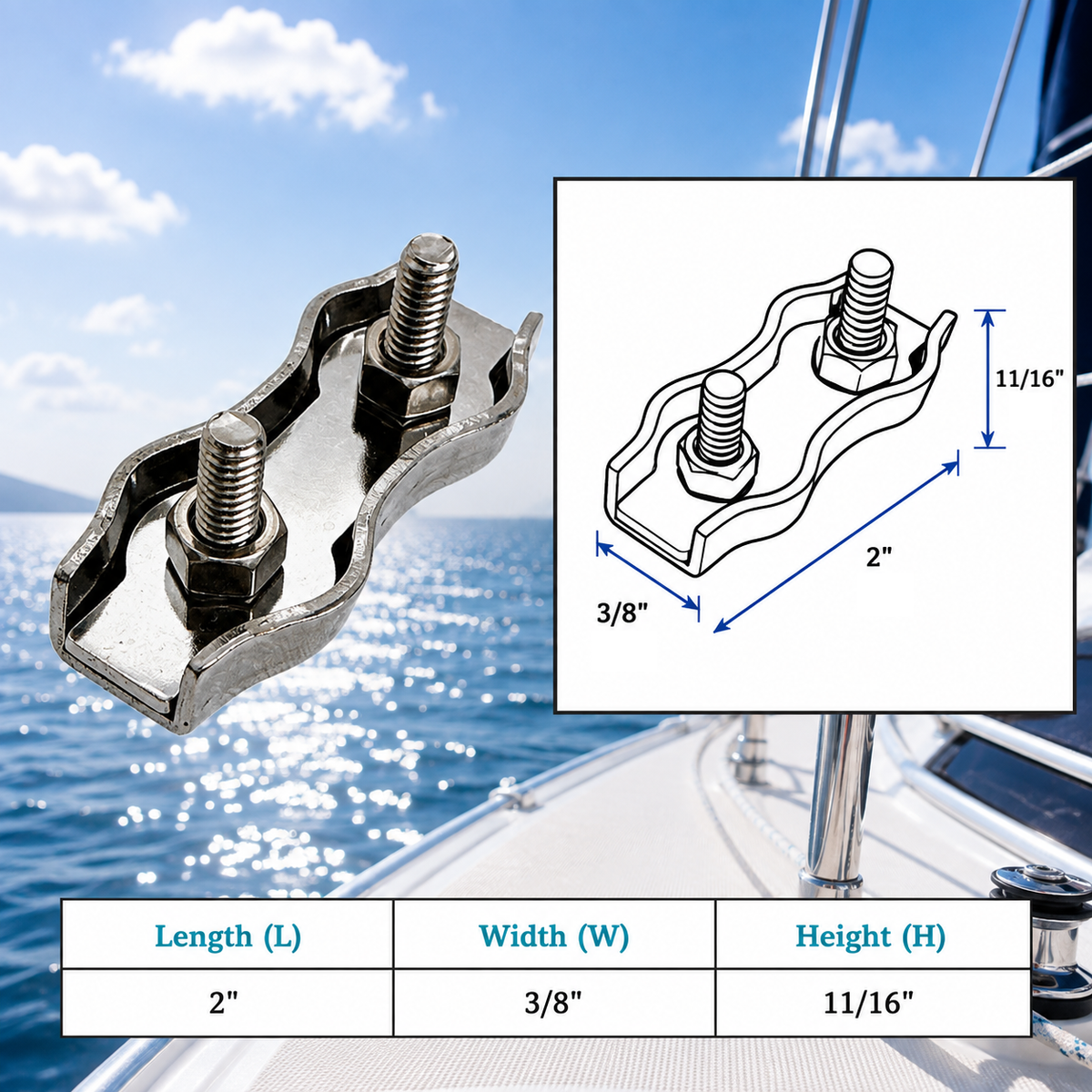 4 Pc Set T304 Stainless Steel Duplex Wire Rope Cable Clamp, Double Bolt Wire Cable Clamp for Rigging, Marine, Outdoor, and Utility Use