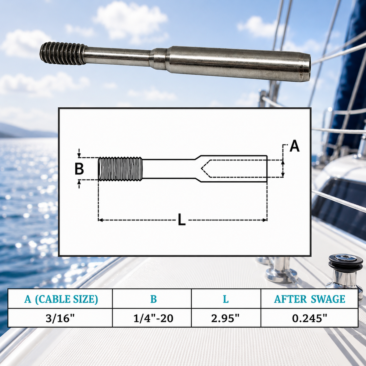 4 Pc Set T316 Stainless Steel 1/4" Stud Hand Swage Slimline Stud for 1/8" 3/16" Cable, Marine Wire Rope Railing Fitting