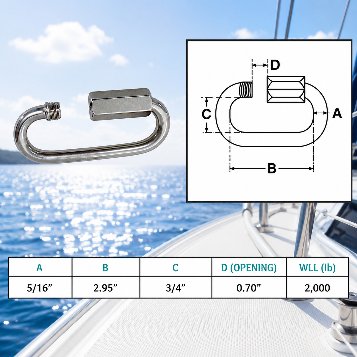 4 Pc Set Marine T316 Stainless Steel Long Quick Link, Connect Link Chain Connector for Rigging, Rope, Cable