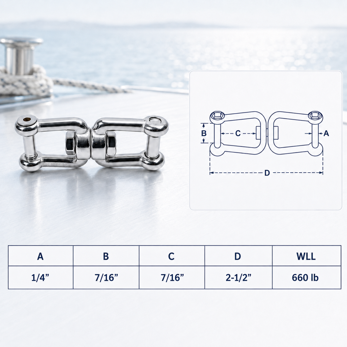 4 Pc Set Marine T316 Stainless Steel Jaw Jaw Swivel Shackle Anchor Connector, Flush Pin Chain and Rigging Link for Boat and Dock Use