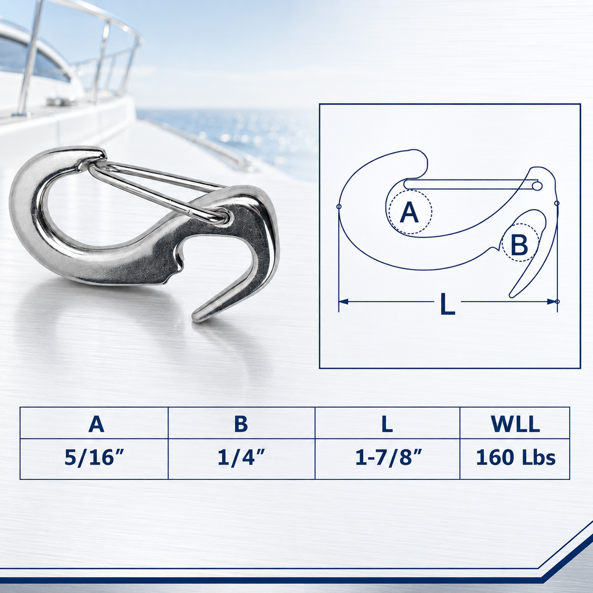 4 Pc Set Marine T316 Stainless Steel Wire Lever Open End Snap, Quick Release Snap Hook for Rope, Chain, Cable, and Rigging
