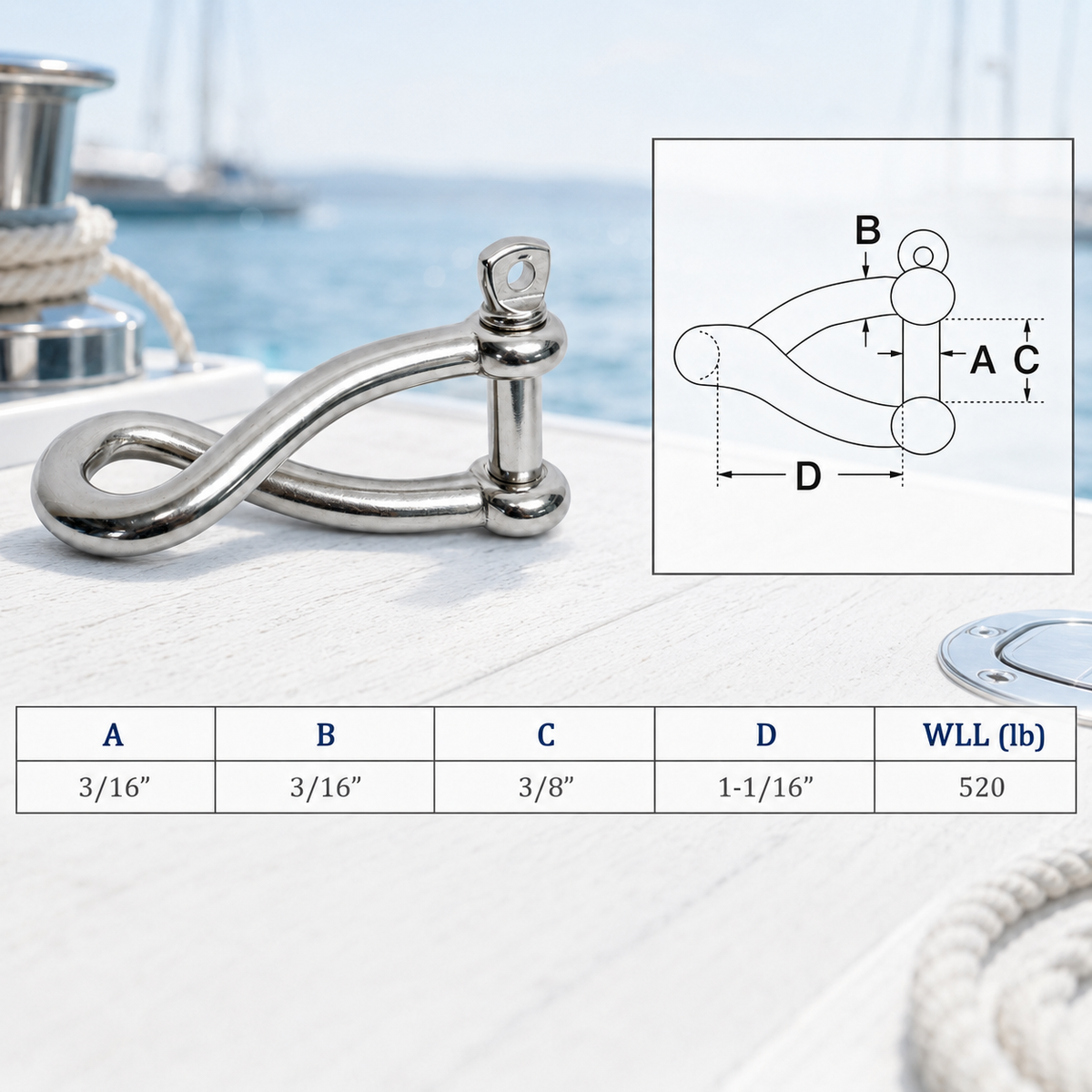 4 Pc Set T316 Stainless Steel Twisted Shackle Screw Pin, Marine Boat Twist Shackle Connector for Rope, Chain, Cable, and Rigging