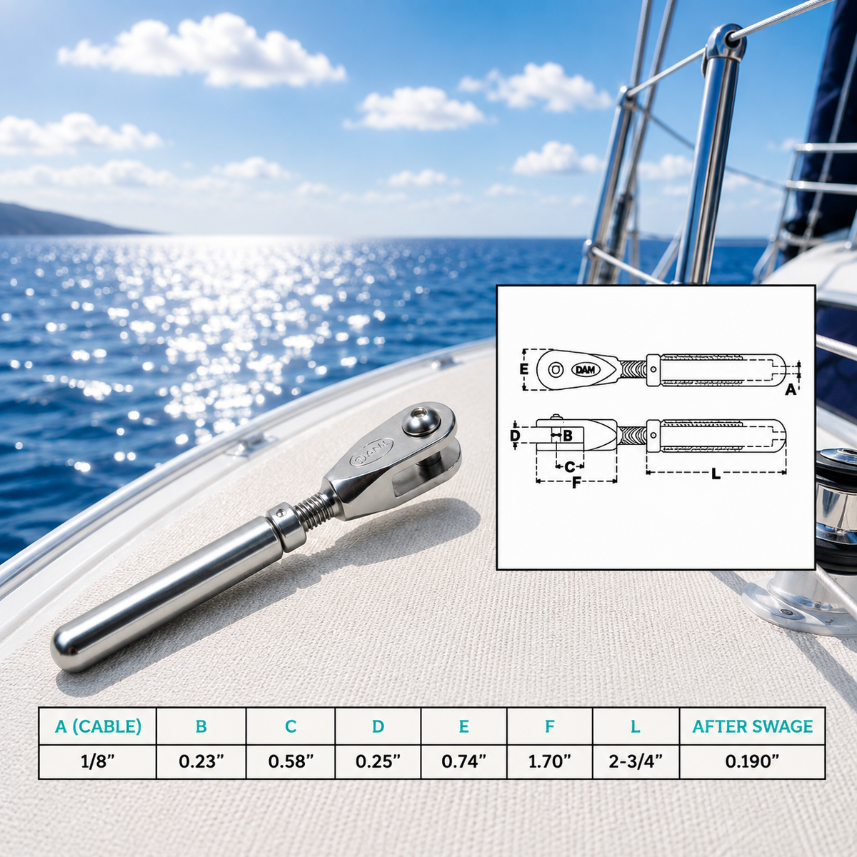 4 Pc Set Marine T316 Stainless Steel Cable Streamline Adjustable Jaw, Cable Rail Terminal Fitting for Deck, Dock, and Railing