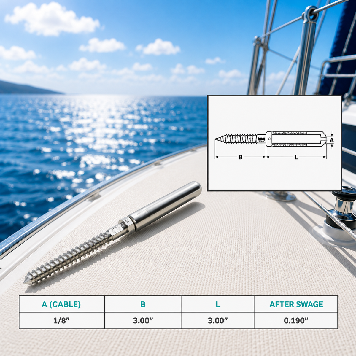 4 Pc Set Marine T316 Stainless Steel Cable Lag Swage Stud, Cable Railing Rail Terminal Fitting for Deck, Dock, and Outdoor Use