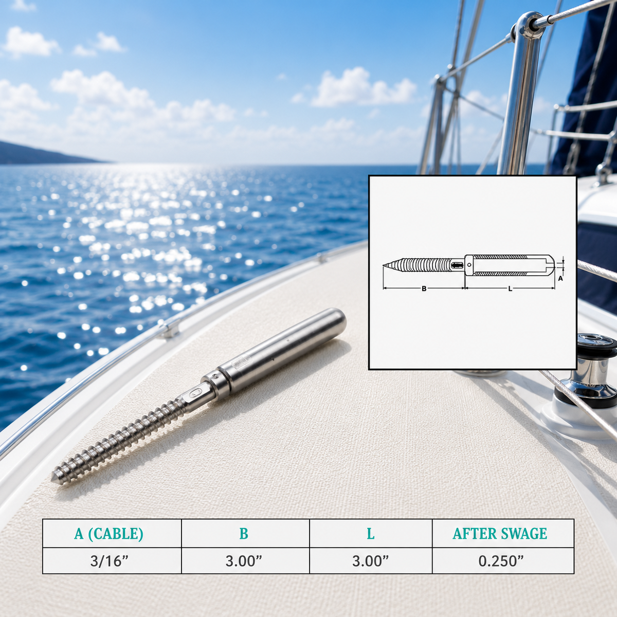 4 Pc Set Marine T316 Stainless Steel Cable Lag Swage Stud, Cable Railing Rail Terminal Fitting for Deck, Dock, and Outdoor Use