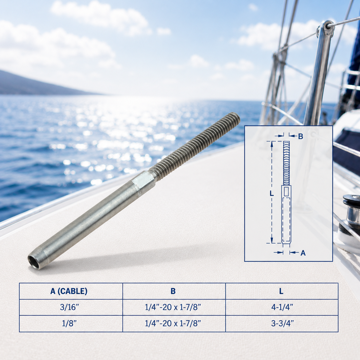 4 Pc Set Marine T316 Stainless Steel Hand Swage Stud, Swage Terminal Cable Rail Fitting for Deck, Dock, and Wire Rope Railing