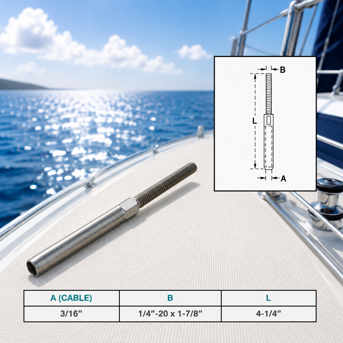 4 Pc Set Marine T316 Stainless Steel Hand Swage Stud, Swage Terminal Cable Rail Fitting for Deck, Dock, and Wire Rope Railing