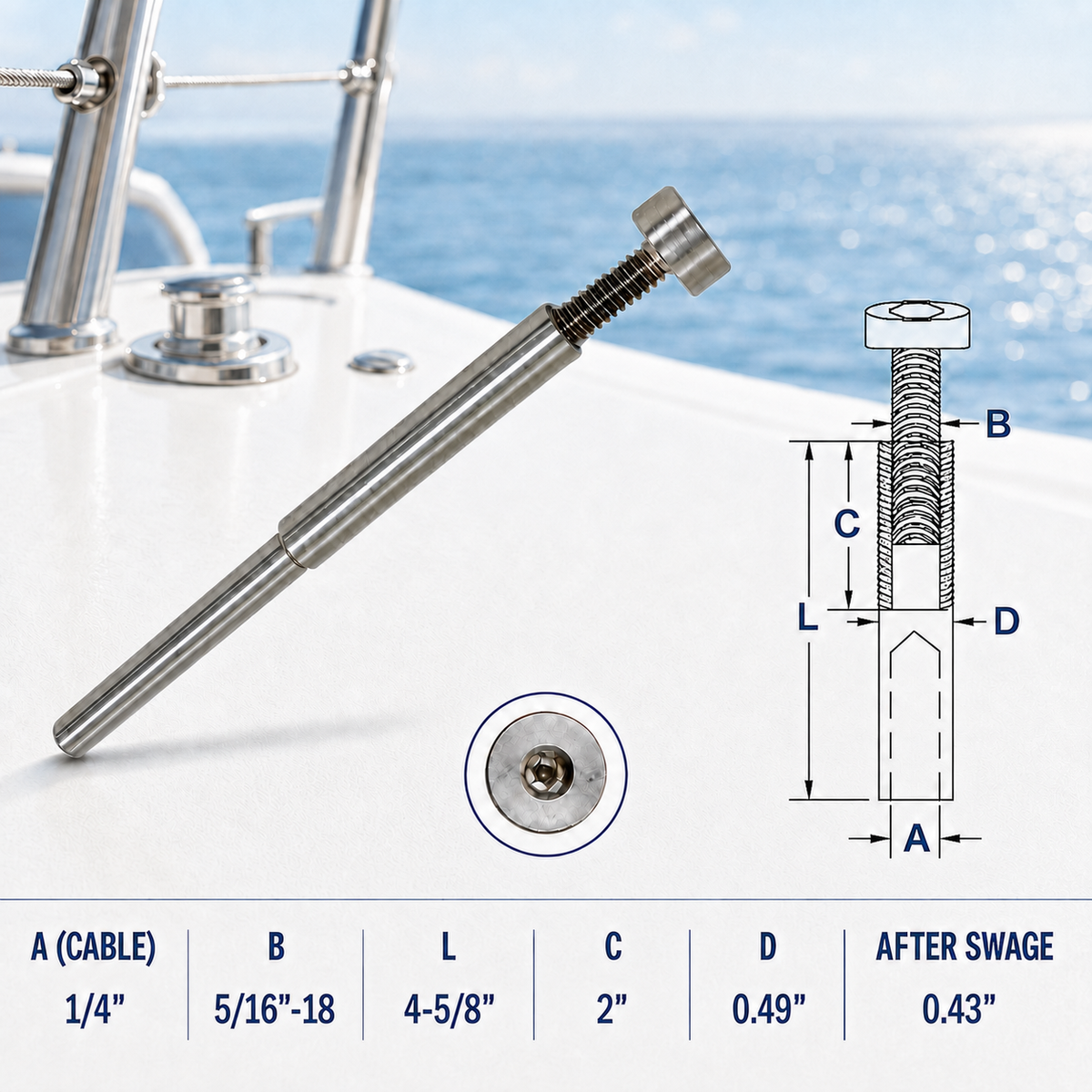 4 Pc Set Marine T316 Stainless Steel Adjustable Swage Stud, Cable Railing Wire Rope Terminal Fitting for Deck, Dock, and Rail Systems