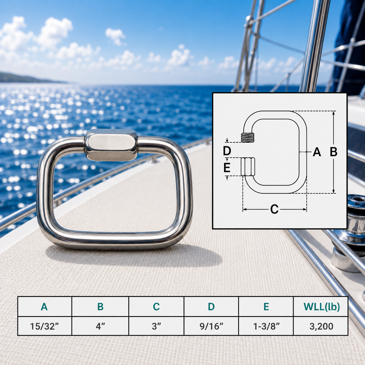 4 Pc Set Marine T316 Stainless Steel Square Quick Link, Locking Carabiner Connector for Chain, Rope, Cable, and Rigging