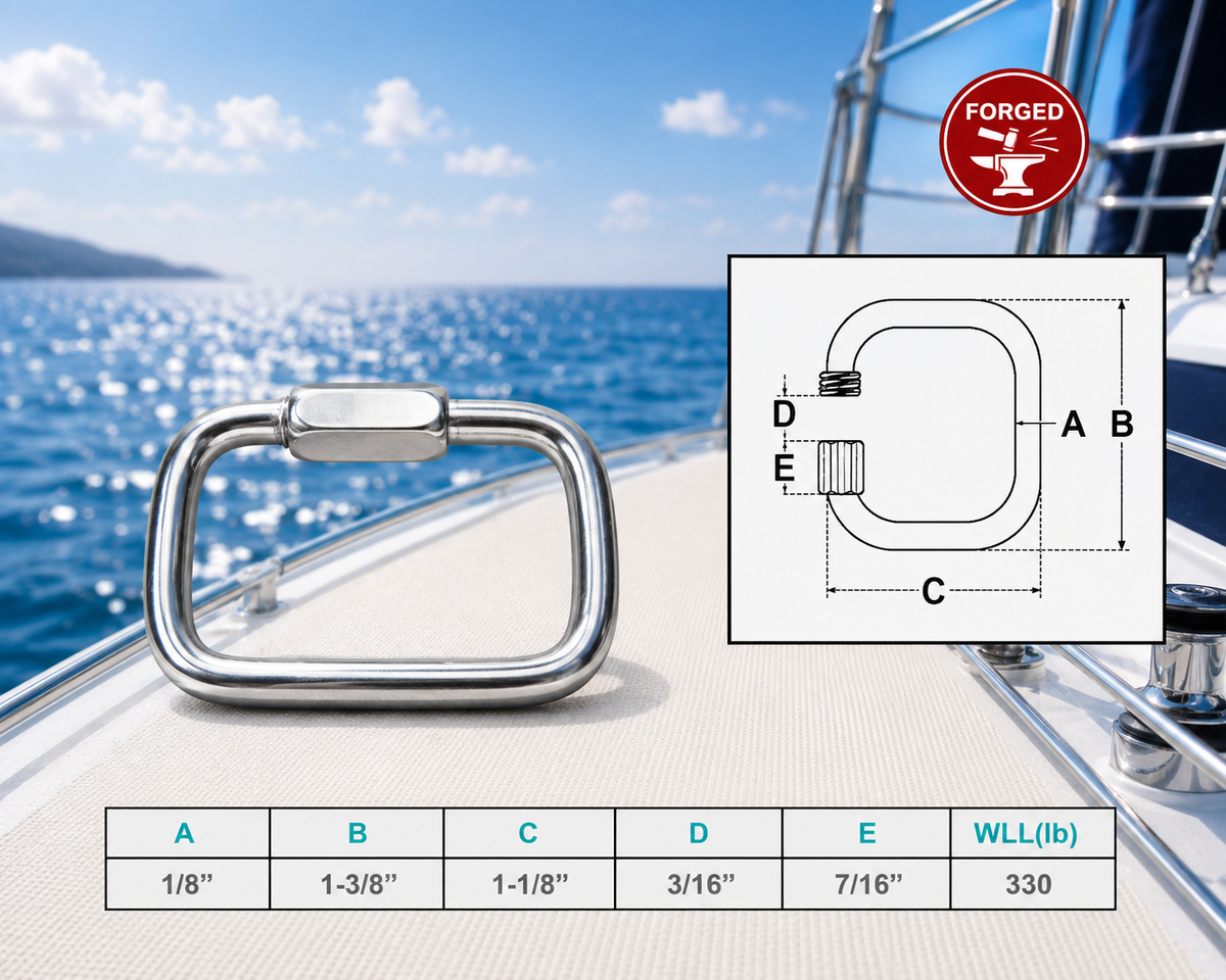 4 Pc Set Marine T316 Stainless Steel Square Quick Link, Locking Carabiner Connector for Chain, Rope, Cable, and Rigging