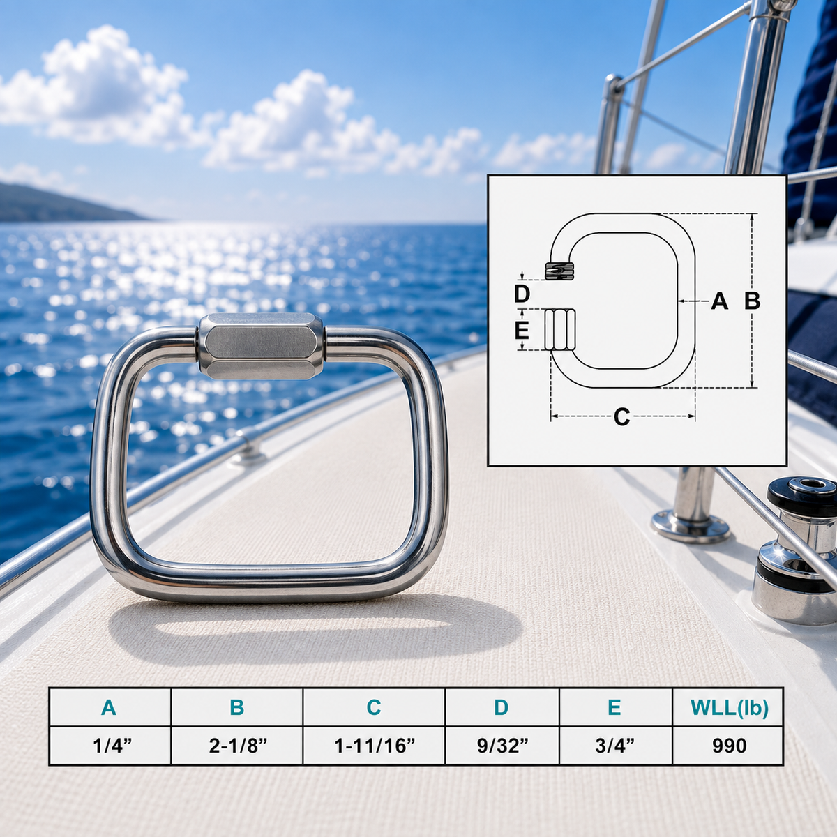 4 Pc Set Marine T316 Stainless Steel Square Quick Link, Locking Carabiner Connector for Chain, Rope, Cable, and Rigging