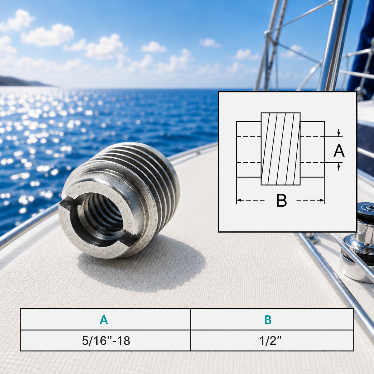 4 Pc Set Marine T303 Stainless Steel Threaded Lag Insert, Cable Rail Screw Insert for Deck Railing, Wire Cable, and Outdoor Hardware
