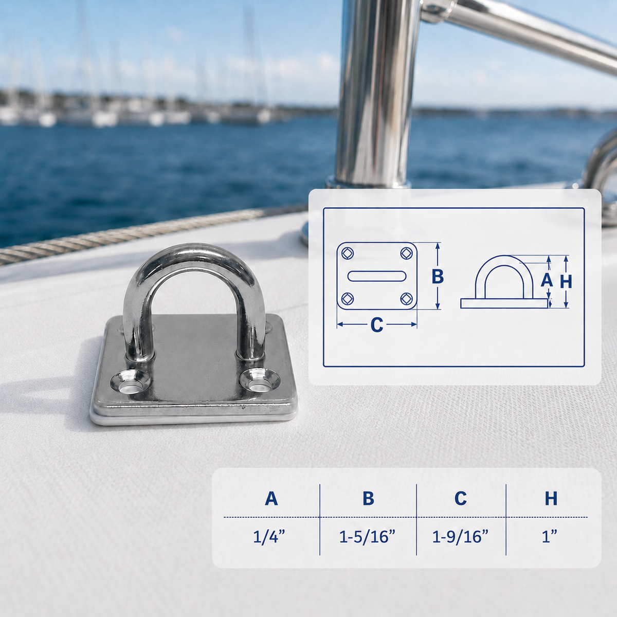 4 Pc Set Marine T316 Stainless Steel Square Eye Pad, Rigging Lift Rope Wire Deck Hardware for Boat, Dock, and Outdoor Use