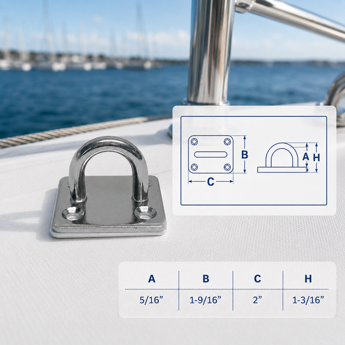 4 Pc Set Marine T316 Stainless Steel Square Eye Pad, Rigging Lift Rope Wire Deck Hardware for Boat, Dock, and Outdoor Use