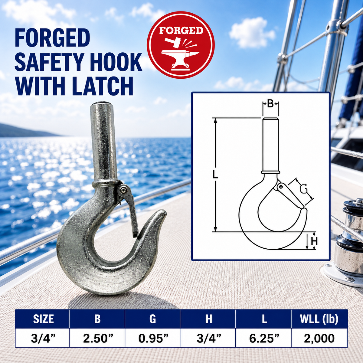 4 Pc Set Marine T316 Stainless Steel Shank Hook, Drop Forged Rigging Hook for Chain, Cable, Rope, Boat, Dock
