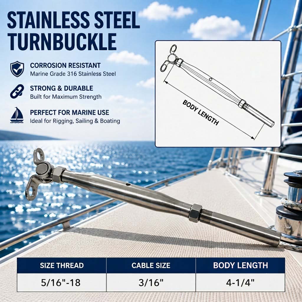 4 Pc Set Marine T316 Stainless Steel Deck Toggle & Swage Stud Turnbuckle, Cable Wire Tensioner for Boat, Deck, and Railing Systems