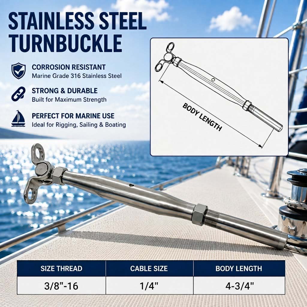 4 Pc Set Marine T316 Stainless Steel Deck Toggle & Swage Stud Turnbuckle, Cable Wire Tensioner for Boat, Deck, and Railing Systems