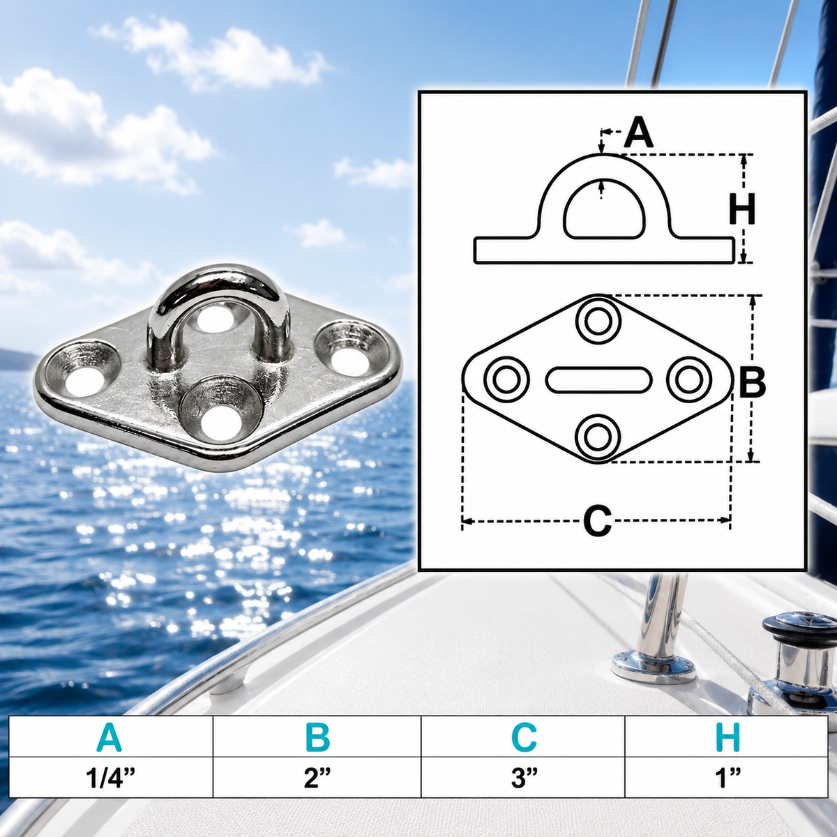 4 Pc Set Marine T304 Stainless Steel Diamond Pad Eye, Welded Eye Pad Lift Rig for Rope, Chain, Cable, and Deck Hardware