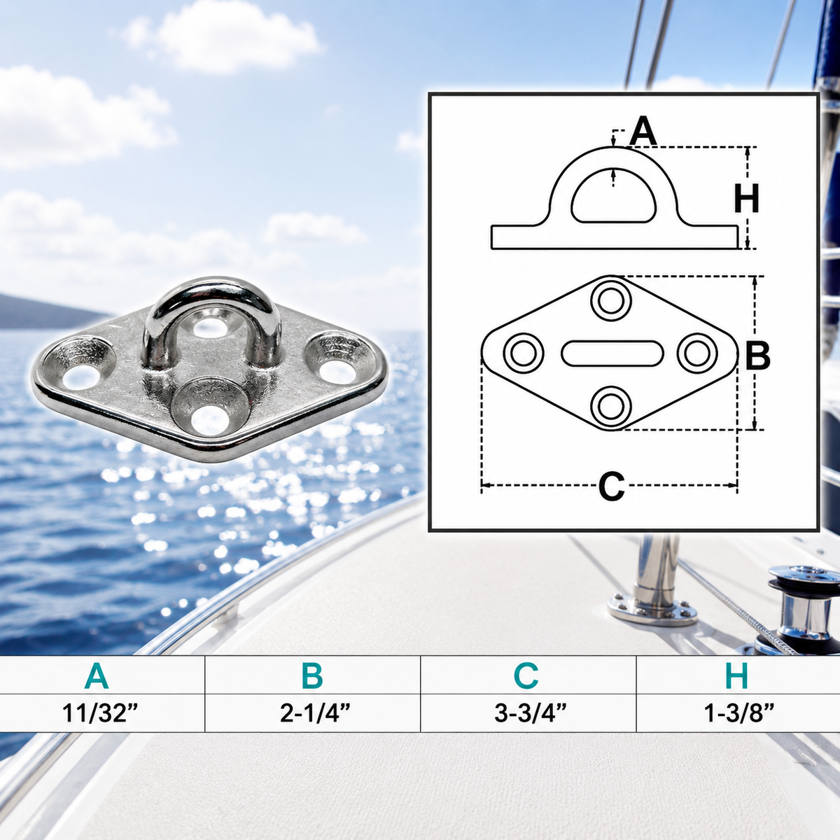 4 Pc Set Marine T304 Stainless Steel Diamond Pad Eye, Welded Eye Pad Lift Rig for Rope, Chain, Cable, and Deck Hardware