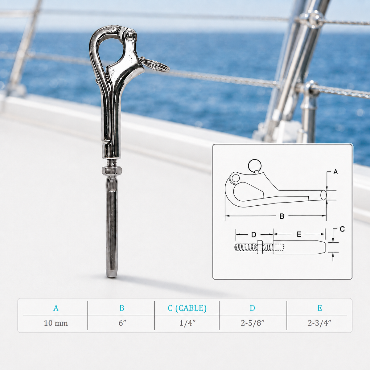 10 Pc Set Marine T316 Stainless Steel Pelican Hook for Cable Wire, Boat Shackle Connector for Lifeline, Rigging, and Deck Hardware