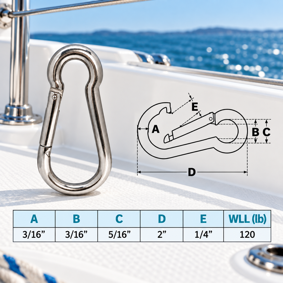 5 Pc Set Marine T316 Stainless Steel Snap Hook, Spring Snap Hook Connector for Rope, Chain, Cable, Rigging, and Dock Hardware
