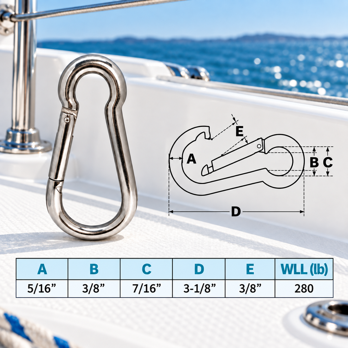 5 Pc Set Marine T316 Stainless Steel Snap Hook, Spring Snap Hook Connector for Rope, Chain, Cable, Rigging, and Dock Hardware