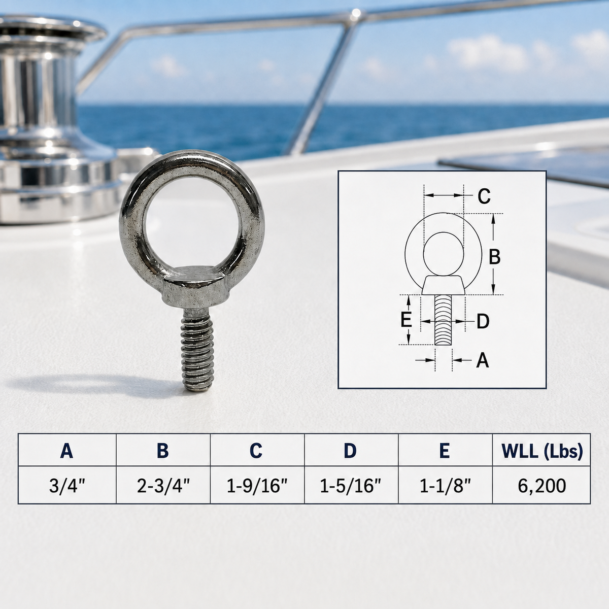 4 Pc Set Marine T316 Stainless Steel Eye Bolt, Lifting Eye Bolt for Rigging, Mounting, Deck, Dock, and Outdoor Hardware