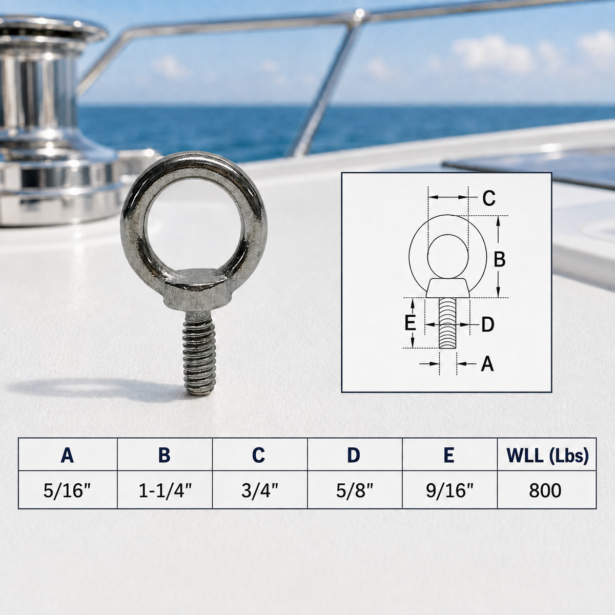 4 Pc Set Marine T316 Stainless Steel Eye Bolt, Lifting Eye Bolt for Rigging, Mounting, Deck, Dock, and Outdoor Hardware
