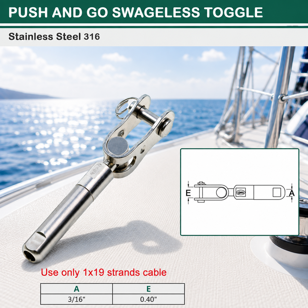 4 Pc Set Marine T316 Stainless Steel Push And Go Swageless Toggle, Cable Wire Railing Terminal for Deck, Dock, Stair, and Rail Systems