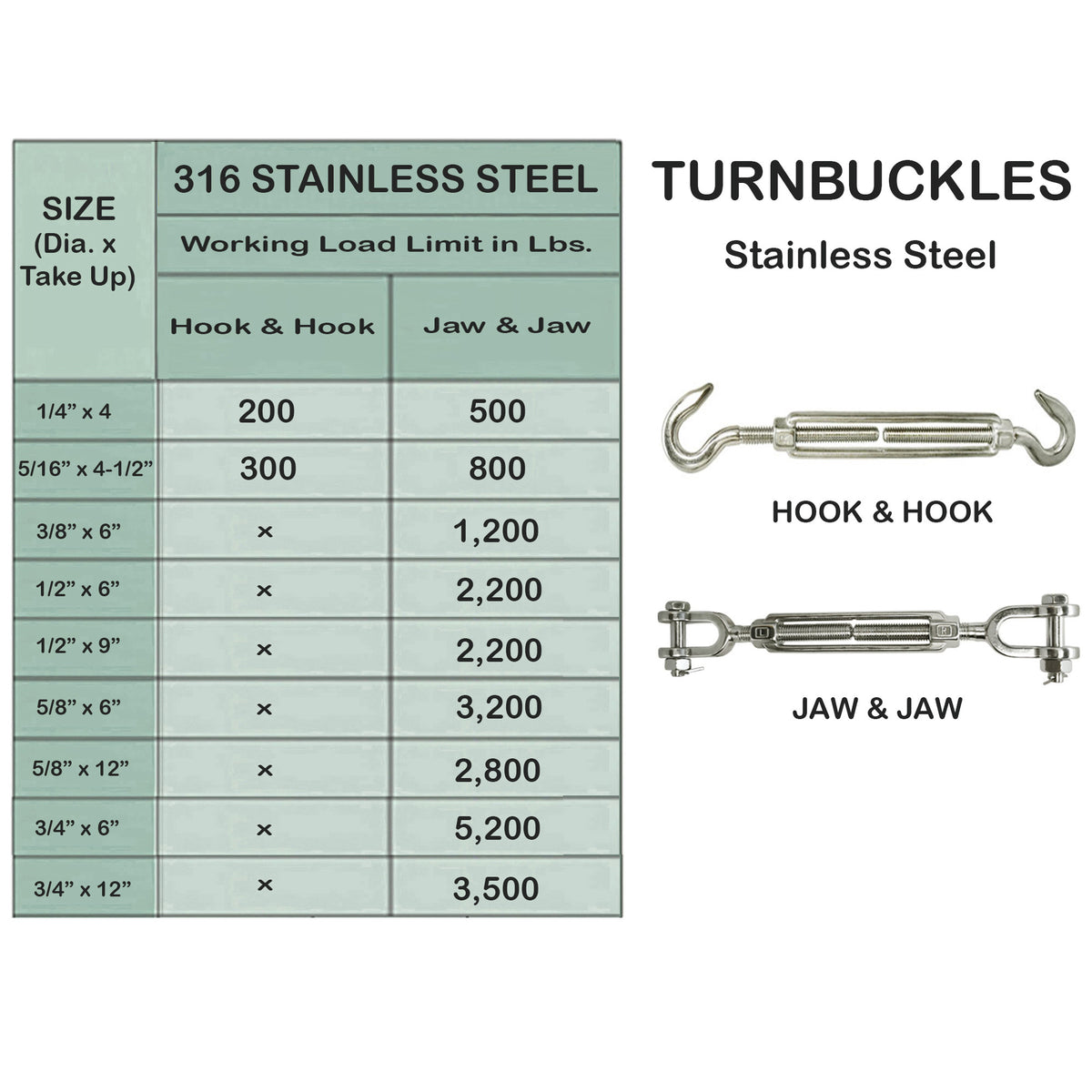 T316 Stainless Steel Hook Hook and Jaw Jaw Turnbuckle, Marine Swivel Lift Rigging Tensioner for Cable, Chain, and Rope