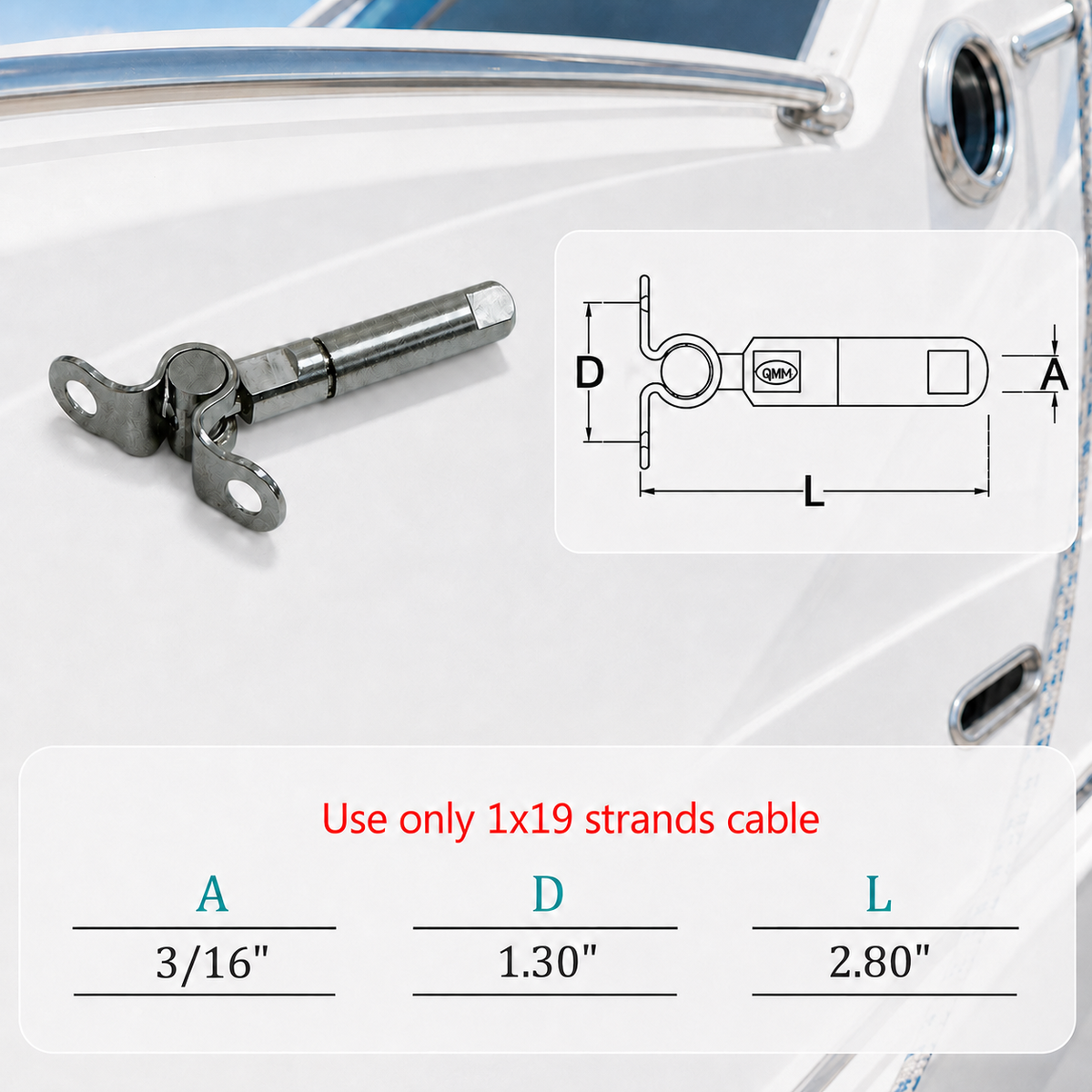 4 Pc Set Marine T316 Stainless Steel Push And Go Swageless Deck Toggle, Cable Wire Railing Fitting for Deck, Dock, Stair, and Rail Systems