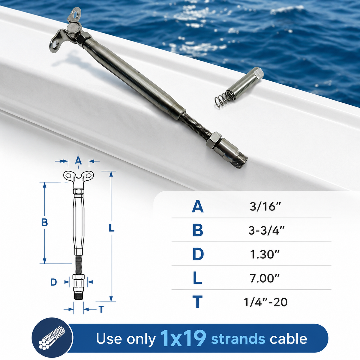 4 Pc Set T316 Stainless Steel Push And Go Deck Toggle Turnbuckle, Marine Grade Cable Tensioner for 3/16" and 1/4" Cable