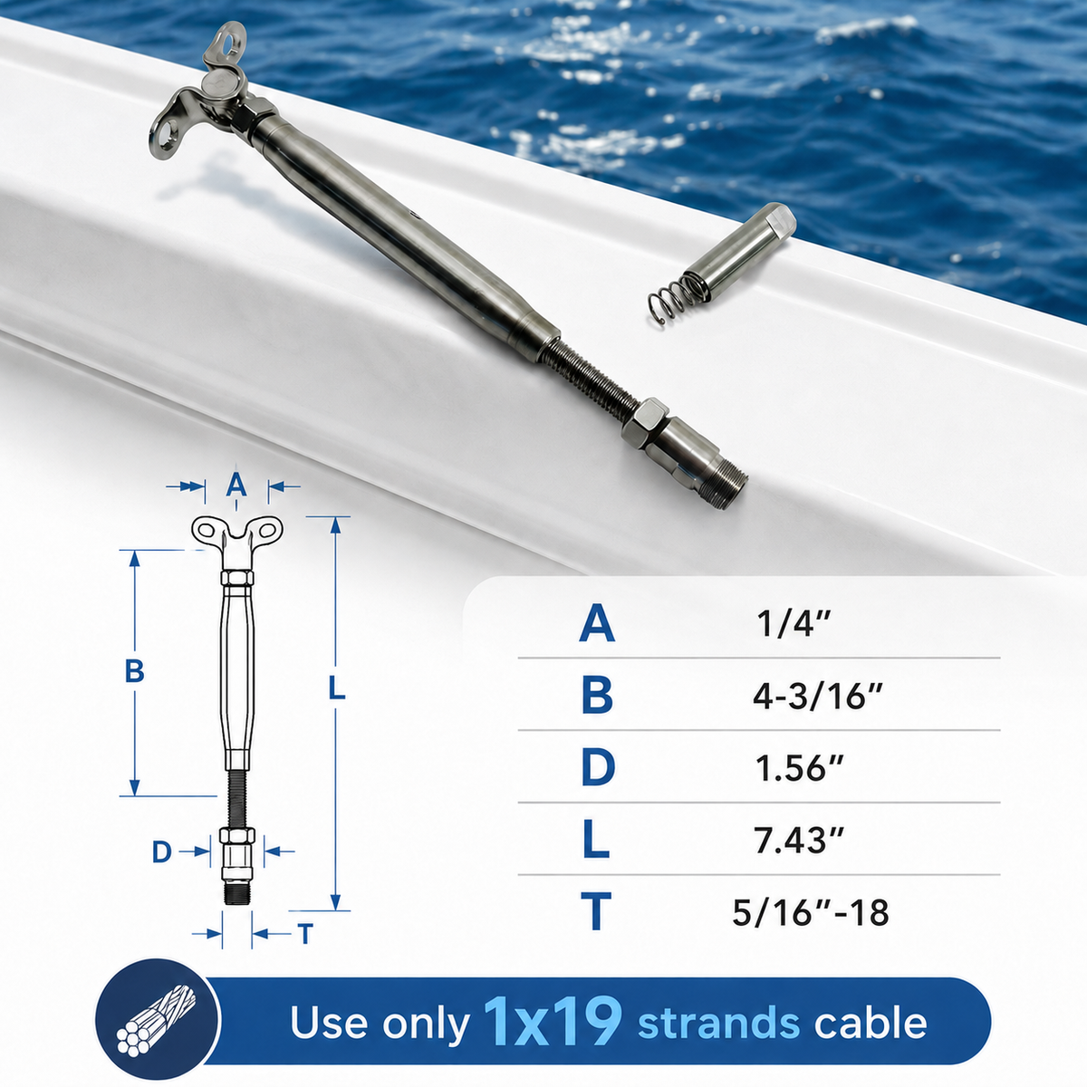 4 Pc Set T316 Stainless Steel Push And Go Deck Toggle Turnbuckle, Marine Grade Cable Tensioner for 3/16" and 1/4" Cable