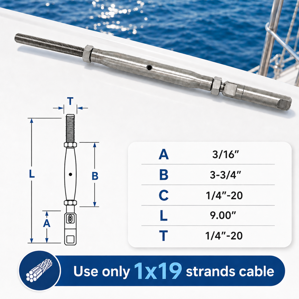 4 Pc Set Marine T316 Stainless Steel Push And Go Threaded Turnbuckle, Cable Wire Rope Tensioner for Deck, Dock, Rail, and Lifeline Systems