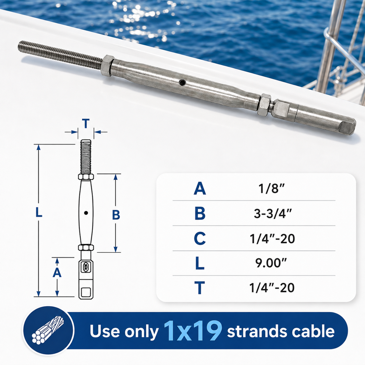 4 Pc Set Marine T316 Stainless Steel Push And Go Threaded Turnbuckle, Cable Wire Rope Tensioner for Deck, Dock, Rail, and Lifeline Systems