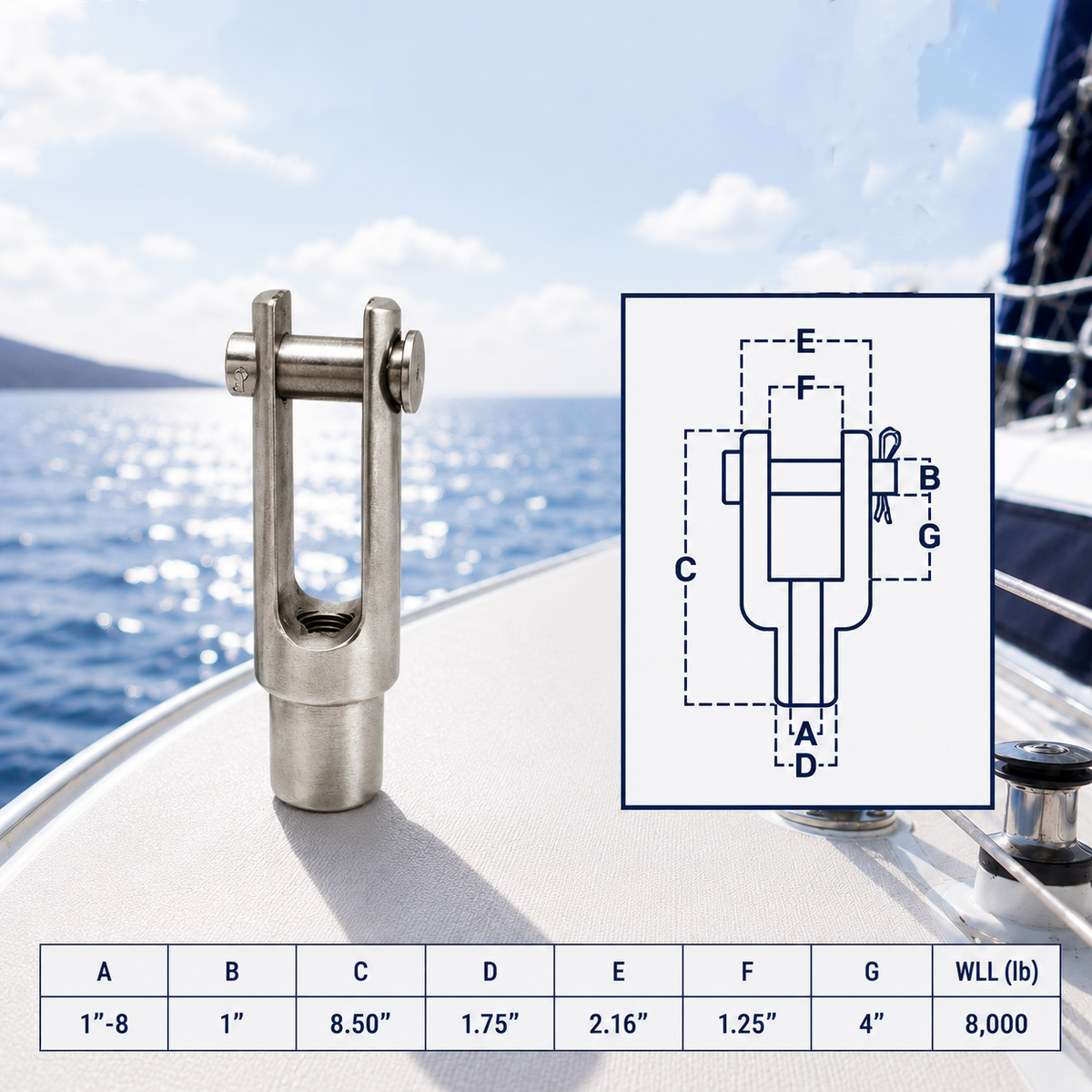 Marine T316 Stainless Steel Right Handed Threaded Yoke End, Cable Rail and Rigging Fork Terminal for Boat, Dock, and Deck Hardware