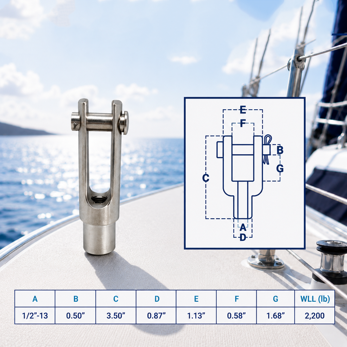 Marine T316 Stainless Steel Right Handed Threaded Yoke End, Cable Rail and Rigging Fork Terminal for Boat, Dock, and Deck Hardware