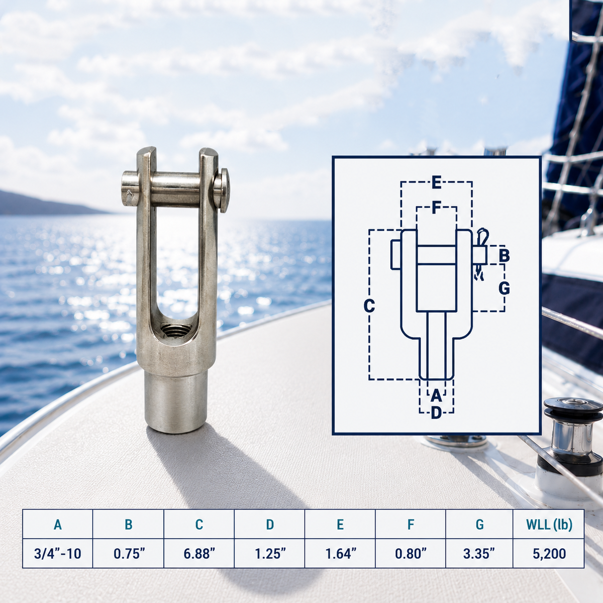 Marine T316 Stainless Steel Right Handed Threaded Yoke End, Cable Rail and Rigging Fork Terminal for Boat, Dock, and Deck Hardware