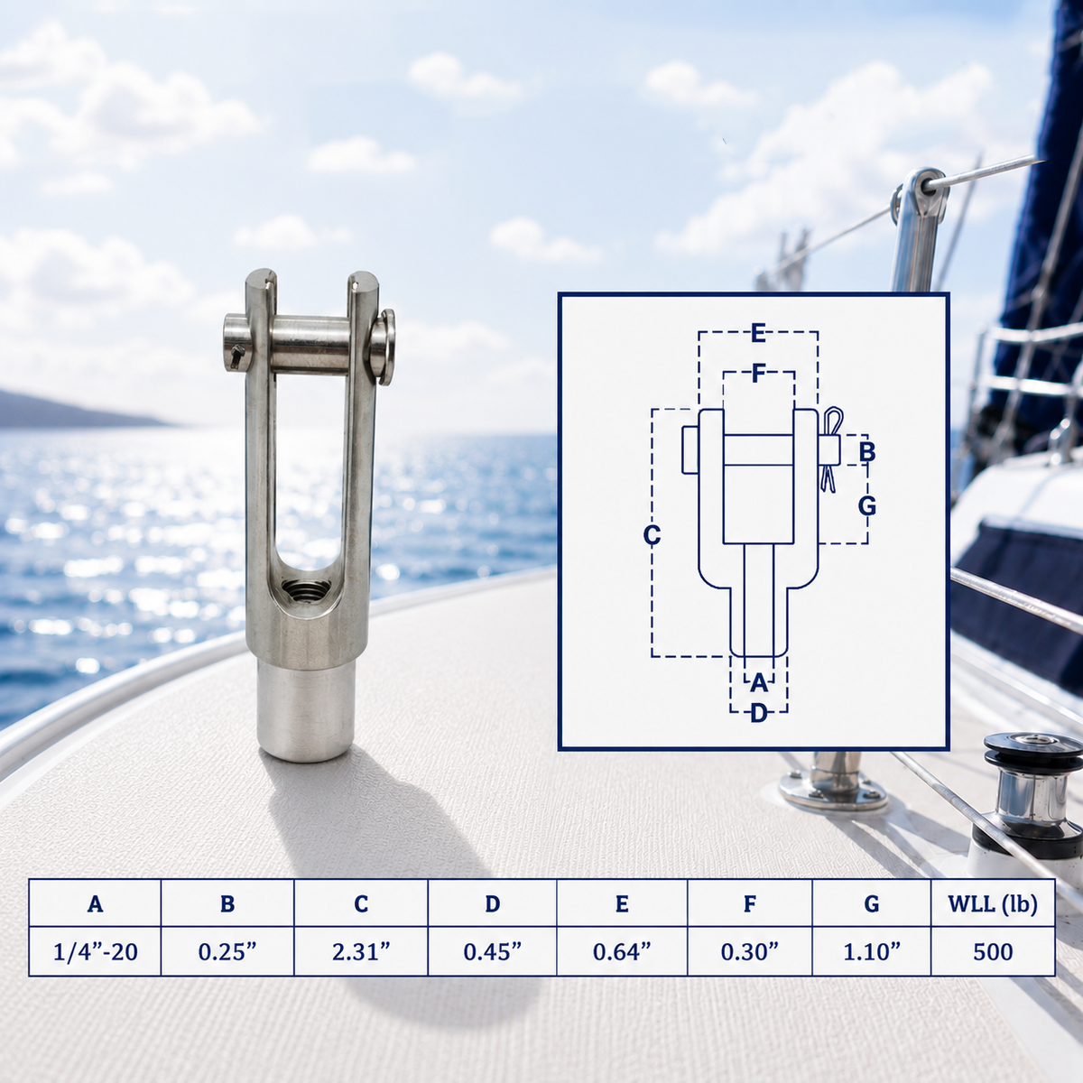 Marine T316 Stainless Steel Right Handed Threaded Yoke End, Cable Rail and Rigging Fork Terminal for Boat, Dock, and Deck Hardware