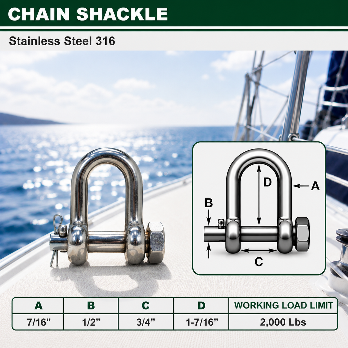 Marine Mil-Spec T316 Stainless Steel Forged Round Pin Chain Shackle, Boat Rigging Shackle for Chain, Rope, Cable, and Anchor Use