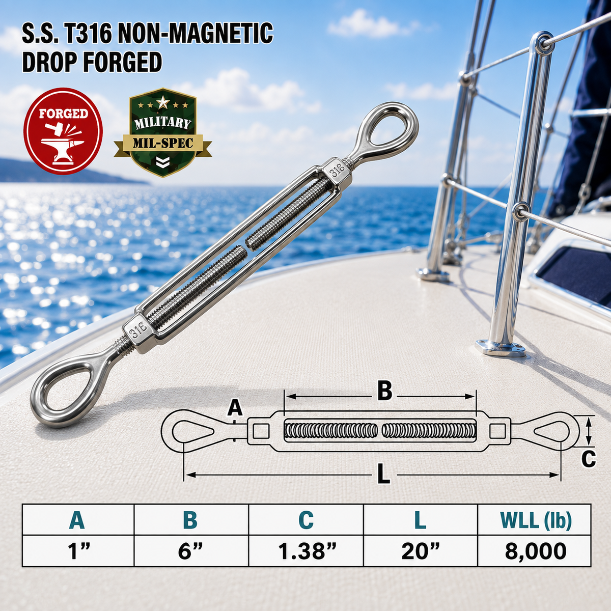 T316 Stainless Steel Drop Forged Mil-Spec Eye Eye Turnbuckle, Marine Grade Rigging Tensioner for Cable, Rope, and Chain