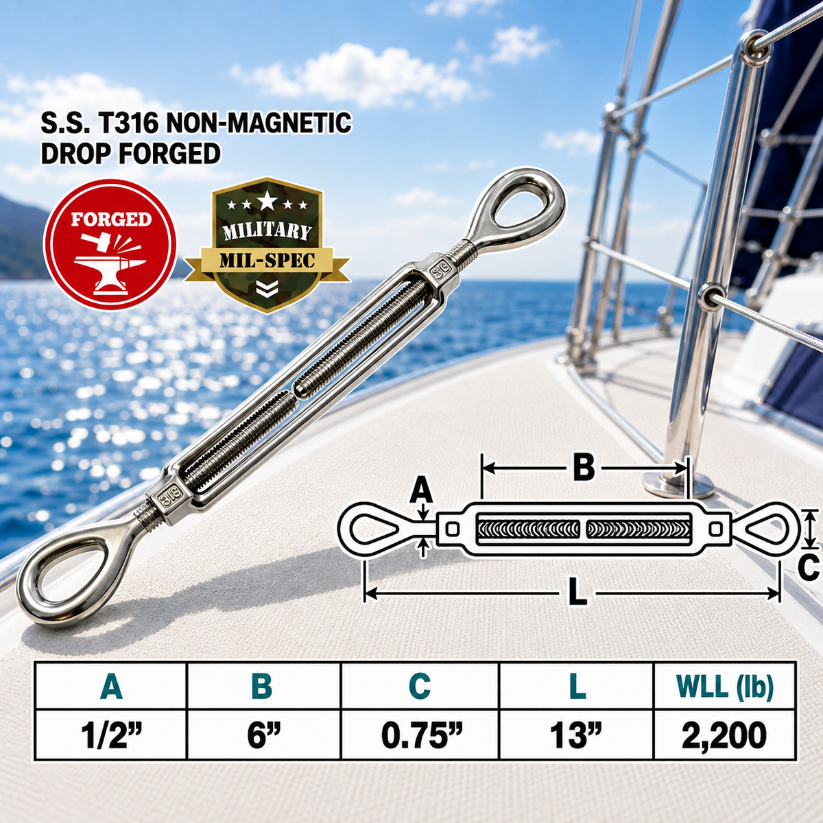 T316 Stainless Steel Drop Forged Mil-Spec Eye Eye Turnbuckle, Marine Grade Rigging Tensioner for Cable, Rope, and Chain