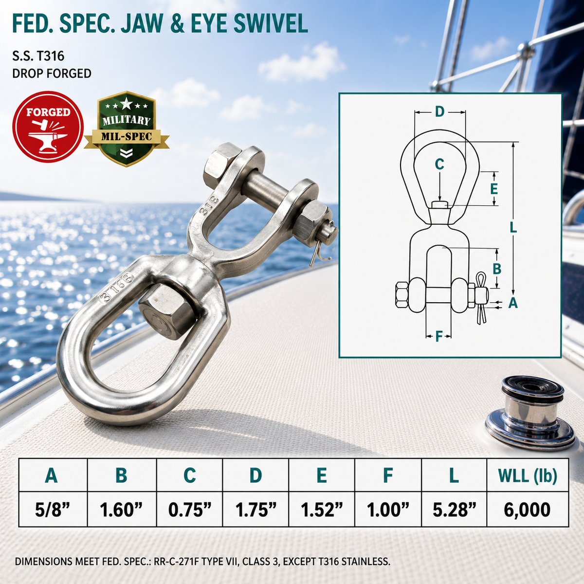 T316 Stainless Steel Drop Forged Mil Spec Jaw & Eye Marine Mooring Swivel, Boat Rigging Connector for Chain, Rope, and Anchor Use